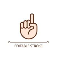 Attention sign pixel perfect RGB color icon. Raised up index finger. Informative hand gesture. Isolated vector illustration. Simple filled line drawing. Editable stroke