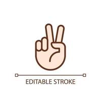 Peace sign pixel perfect RGB color icon. Pacifistic hand gesture. Positive wish. Communication. Isolated vector illustration. Simple filled line drawing. Editable stroke