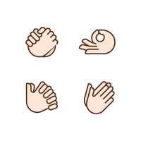 Gestures communication pixel perfect RGB color icons set. Hand position signals. Expression and greeting. Isolated vector illustrations. Simple filled line drawings collection. Editable stroke