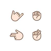 Friendly and aggressive gestures pixel perfect RGB color icons set. Hand positions. Body language. Isolated vector illustrations. Simple filled line drawings collection. Editable stroke