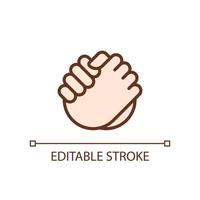 Friendly handshake pixel perfect RGB color icon. Joining hands. Buddies greeting gesture. Isolated vector illustration. Simple filled line drawing. Editable stroke