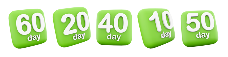 3d rendering 10, 20, 40, 50, 60 day to go icon set. 3d render reduction in the price of a commodity icon set. 10, 20, 40, 50, 60 day. png