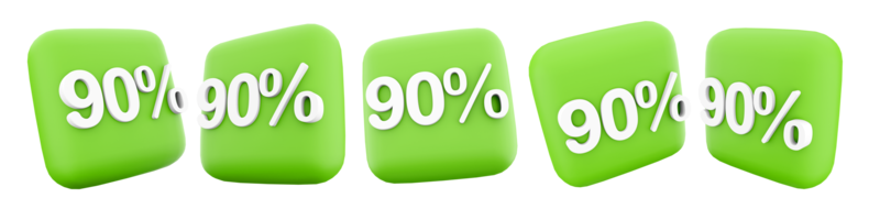 3d rendering 90 percent different positions icon set. 3d render discounts up to ninety percent icon set. 90 percent. png