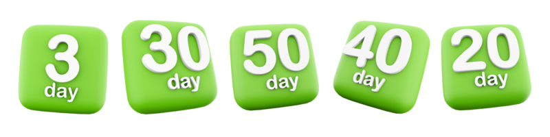 3d rendering three, thirty, twenty, fourty, fifty days to go icon set. 3d render before the start of discounts in stores icon set. Three, thirty, twenty, fourty, fifty day. png