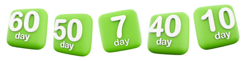 3d rendering 7, 10, 40, 50, 60 day icon set. 3d render days left before the start icon set. 7, 10, 40, 50, 60 days to go. png