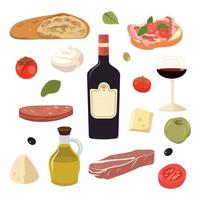 vector conjunto de italiano productos viaje ilustración con italiano queso, carne, pan, Tomates, y vino. aislado en blanco antecedentes.