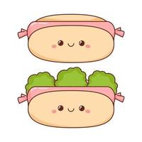 dos diferente perritos calientes con salchicha con ojos y sonrisa kawaii estilo vector