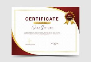 Award certificate template. fancy red color gradation, with gold border. wave vector