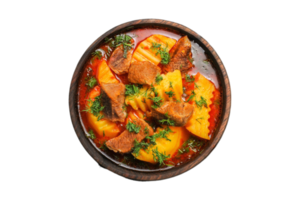 Wooden bowl with beef and potatoes soup isolated on a transparent background png