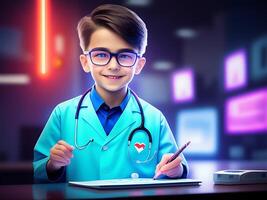 A Realistic Boy Doctor with Stethoscope On His Neck Smiling And Reviewing Medical Analysis photo