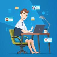 Young businessman working from home with his laptop in flat style on blue background vector