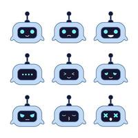 chatbot avatar. computadora charla bots con emociones robots digital asistente tutor hablador cara con antena larva del moscardón vector aislado icono conjunto