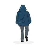 character in hooded jacket walking rear view. isolated on white background. human concept, activity. flat vector illustration.