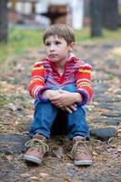 hermosa chico se sienta en un antecedentes de naturaleza. niño en un otoño caminar. foto