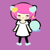 Cute kawaii girl character illustration, vector sticker with pastel color background.