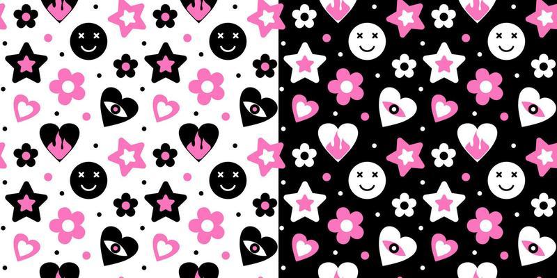 Set of seamless Emo Pattern. Vector illustration. Gothic romantic background with pink and black hearts, stars, eyes and flowers. Old style of the 90s and 00s.