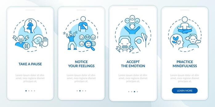 Emotional regulation skills blue onboarding mobile app screen. Walkthrough 4 steps editable graphic instructions with linear concepts. UI, UX, GUI template vector