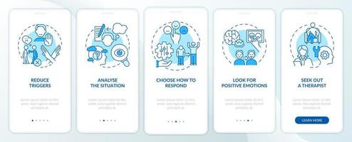 Strategies for emotional regulation blue onboarding mobile app screen. Walkthrough 5 steps editable graphic instructions with linear concepts. UI, UX, GUI template vector