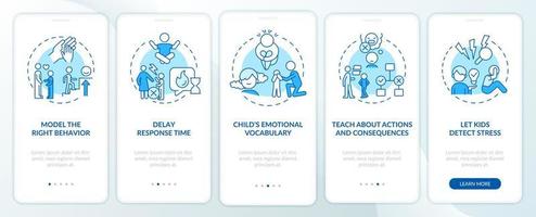 Fostering emotional regulation in child blue onboarding mobile app screen. Walkthrough 5 steps editable instructions with linear concepts. UI, UX, GUI template vector