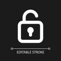 Unlocked padlock pixel perfect white linear ui icon for dark theme. Security setting. Vector line pictogram. Isolated user interface symbol for night mode. Editable stroke