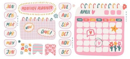 linda pegatinas y calendario modelo para mensual planificador. kawaii elementos de mes de el año tipografía. blanco papel notas, que hacer lista para calendario o organizador vector