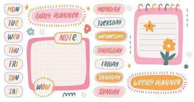 Cute Stickers and Blank paper notes template for Weekly and Daily Planner.  Kawaii elements of Days of the Week Typography. To-do list for schedule or organizer vector