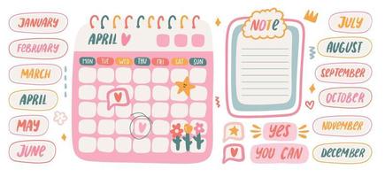 linda pegatinas y calendario modelo para mensual planificador. kawaii elementos de mes de el año tipografía. blanco papel notas, que hacer lista para calendario o organizador vector