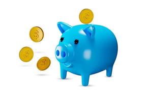 3d rendering Blue piggy bank with stack coins on white background illustration photo