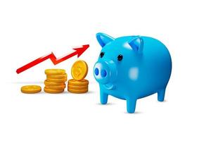 3d rendering Blue piggy bank with red arrow and stack coins on white background illustration photo