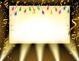 Spotlight Shining On Billboard with Gold confetti and colorful bulbs, Vector Illustration