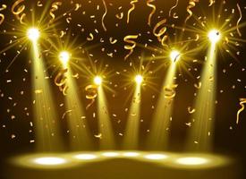 Spotlight Shining On Empty stage with Gold confetti, Vector Illustration