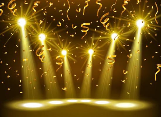 Spotlight Shining On Empty stage with Gold confetti, Vector Illustration