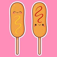dos kawaii maíz perros. adorable sonriente personaje. salchicha en masa en un palo con condimentos - salsa de tomate y mostaza. pegatina diseño. plano dibujos animados vector. vector