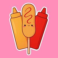 Cute corn dog with sauce bottle. Kawaii character. Cartoon vector illustration. Sticker design.