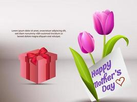 un póster para un de la madre día con un rojo caja y un ramo de flores de tulipanes vector