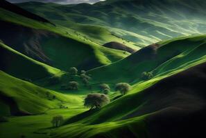 verde colinas y Valle verano paisaje. generativo ai foto