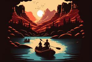 Boats on the water and mountains abstract flat rafting background. photo