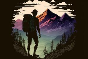 Silhouette with tourist backpack and mountains abstract flat background. photo