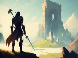 Fantasy landscape with warrior and castle. photo