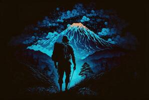 Silhouette with tourist backpack and volcano abstract flat background. photo