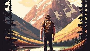 ai generado. generativo ai. aventuras al aire libre naturaleza motivacional póster con hombre en pie en fron de un montaña. gráfico Arte foto