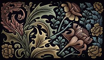 . . Floral pattern wallpapper. Flowers and leafes. Can be used fore decoration. Inpired by the style of William Morris. Color Illustration. photo