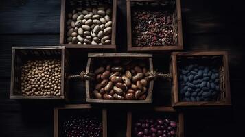 ai generado. generativo ai. realista diferente frijoles conjunto en de madera cajas jaulas.. lata ser usado para decocación monocromo ilustración Arte. foto