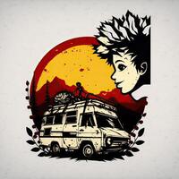 . . Abstract graphic psycho graffiti with the camper rv van boy and flowers. Inspired by old vintage art and Banksy style. Graphic Art Illustration. photo