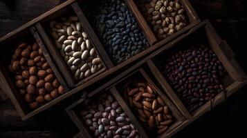 ai generado. generativo ai. realista diferente frijoles conjunto en de madera cajas jaulas.. lata ser usado para decocación monocromo ilustración Arte. foto