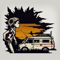 . . Abstract graphic psycho graffiti with the camper rv van boy and flowers. Inspired by old vintage art and Banksy style. Graphic Art Illustration. photo