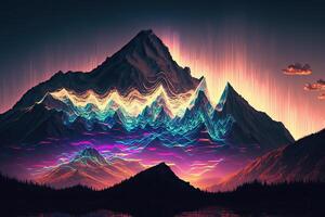 . . Syntwave Mountains. Future Adventure Exploration. Can be used for decoration. Illustration in cyberpunk style. photo