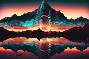 . . Syntwave Mountains. Future Adventure Exploration. Can be used for decoration. Illustration in cyberpunk style. photo