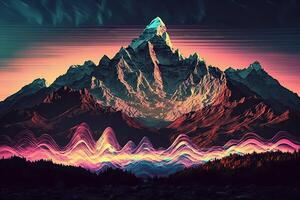 . . Syntwave Mountains. Future Adventure Exploration. Can be used for decoration. Illustration in cyberpunk style. photo