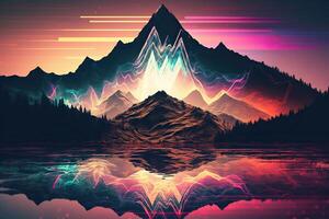 . . Syntwave Mountains. Future Adventure Exploration. Can be used for decoration. Illustration in cyberpunk style. photo
